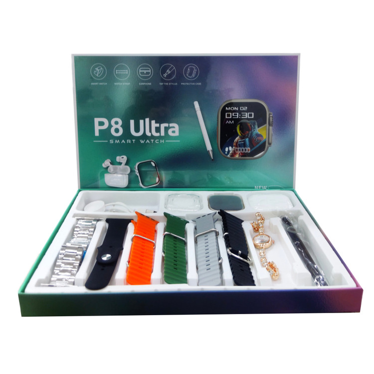 پک ساعت هوشمند p8 ultra همراه با ایرپادپرو،ساعت زنانه و قلم لمسی