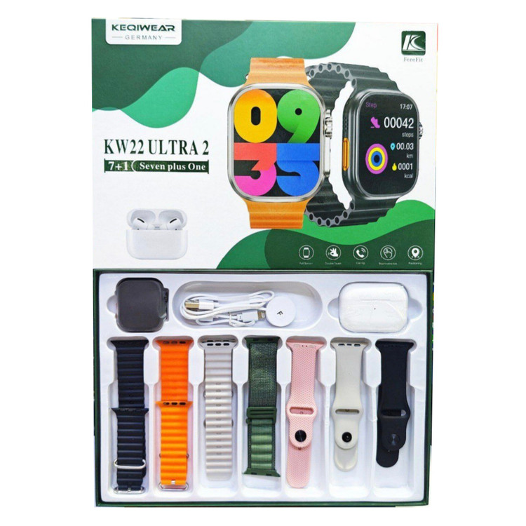 پک ساعت هوشمند الترا و ایرپاد پرو2 با 7 بند متنوع مدل KEQIWEAR KW22 ULTRA2